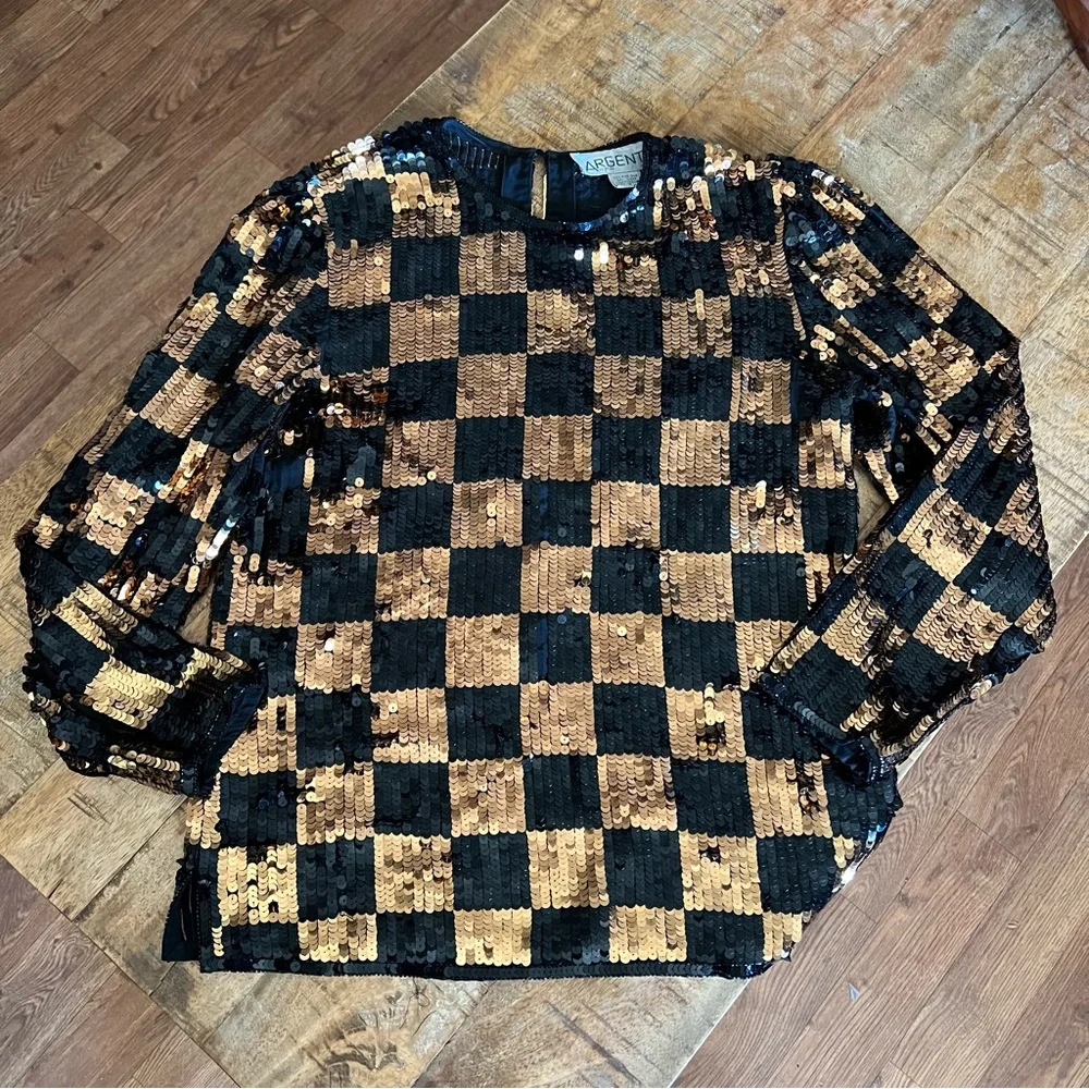 Argenti Vintage Black & Copper Sequins Checkered Silk Blouse Size S - Picture 8 of 14